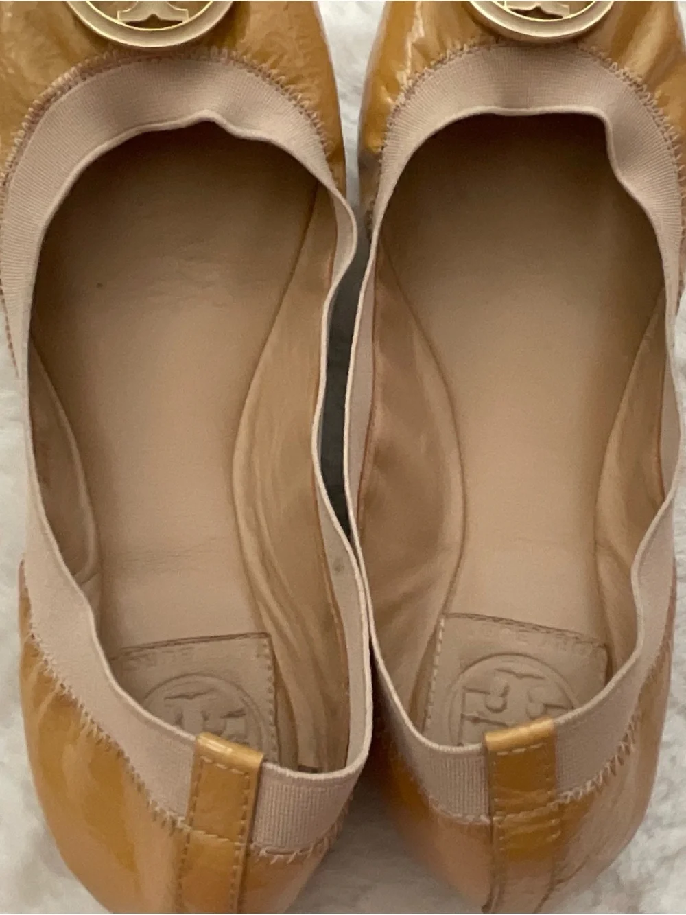 Tory Burch Patent Leather Ballet Flats in Mustard with Gold Logo